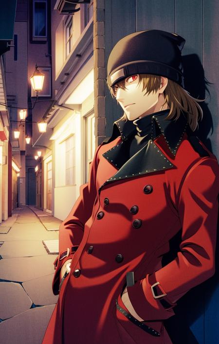 53127-1889032467-highres, detailed, soft lighting, outdoors, dark alleyway, solo, red trenchcoat, hands in pockets, beanie, shinjiro aragaki [per.png